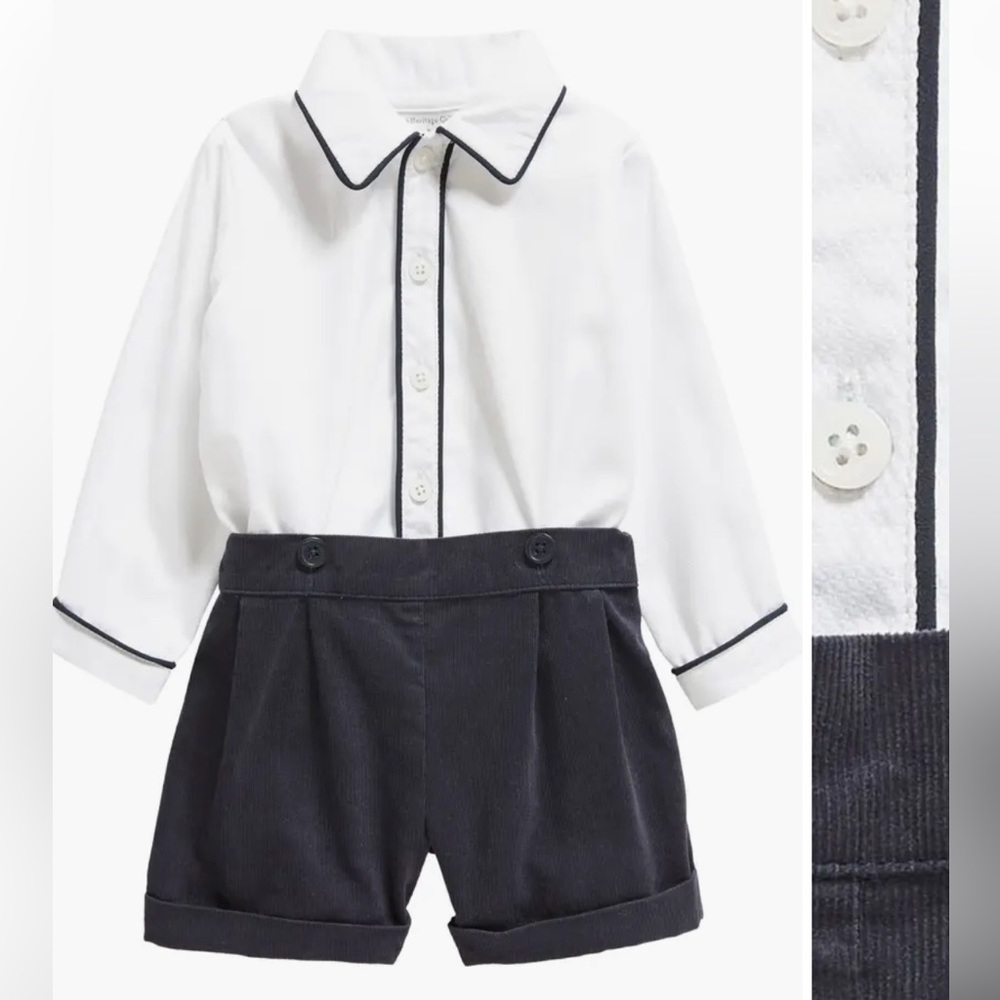 Rachel Riley | Piped Cotton Button-Up Shirt & Corduroy Shorts Set | 4T | NAVY 4T